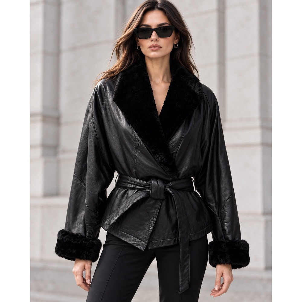 Wilsons Black Leather Wrap Jacket Faux Fur Collar Cuffs Belted Small